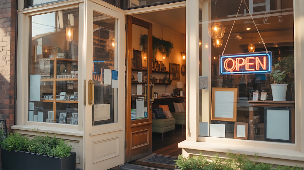 Charming retail storefront with open sign cozy boutique shop exterior and small business concept